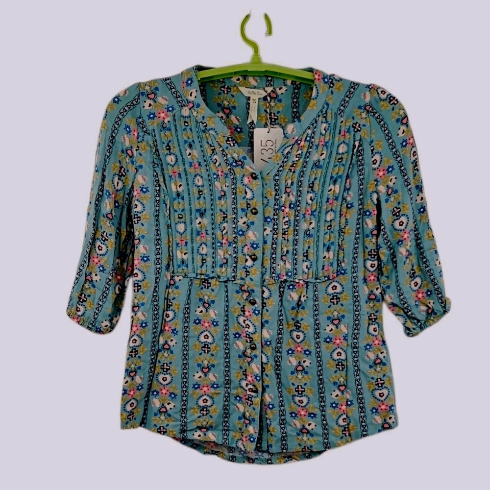 NWT Matilda Jane Tunic Women Medium Teal Floral Heart Pintuck Rayon